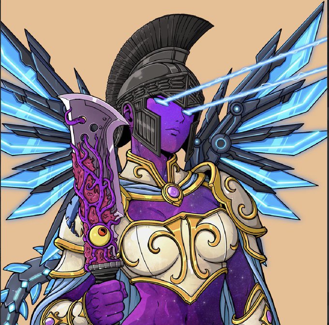 A fantasy illustration of a purple-skinned warrior character wearing a black plumed Roman-style helmet and white and gold armor, with glowing blue energy wings extending from their back and holding an ornate sword with flame-like designs.
