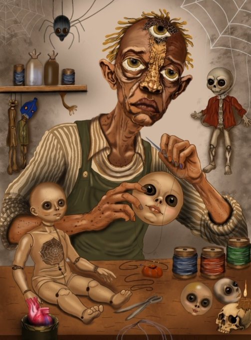 A grotesque illustration of a multi-eyed, bug-like man at a workbench stitching together doll-like creatures, with spiders, skulls, and spools of thread scattered around him.