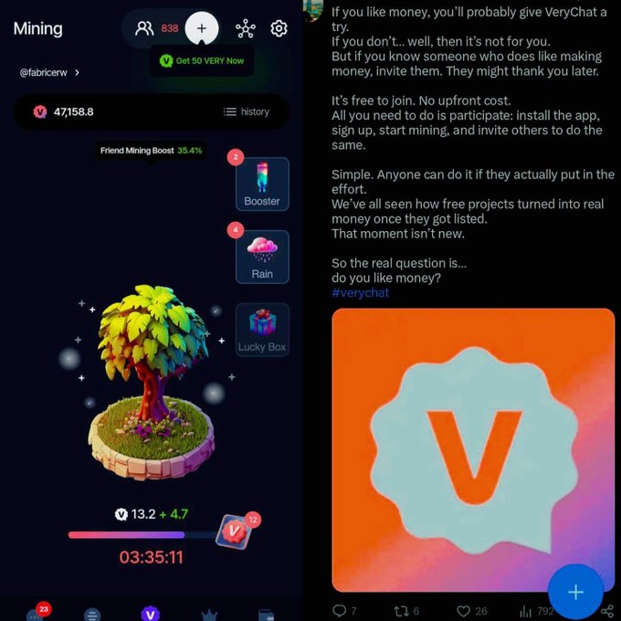 A split-screen showing the VeryChat app's mining interface on the left (with a tree, 47,158.8 coins, and a 'Friend Mining Boost 35.4%' indicator) and a promotional post on the right asking 'do you like money?' alongside the VeryChat 'V' logo.
