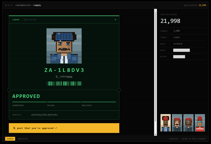 Screenshot of the ZADOR Whitelist application page showing a pixel art avatar with ID 'ZA-1L8DV3' marked as 'APPROVED' on the Zora blockchain, with 21,998 total applications.