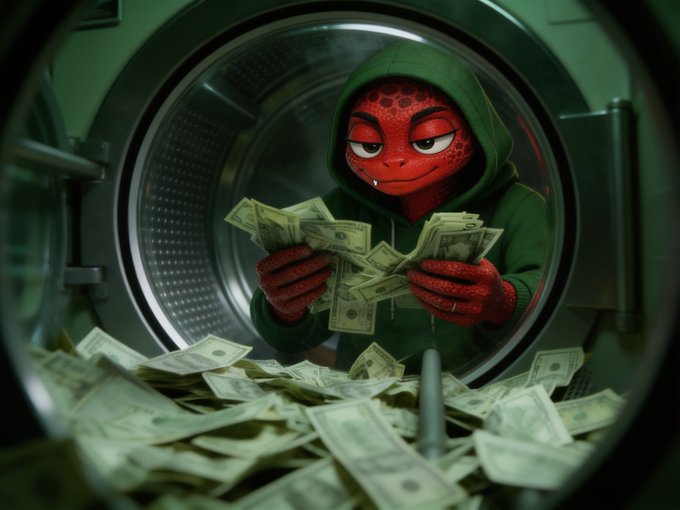 A red lizard-like character wearing a green hoodie sits inside a washing machine, sifting through stacks of U.S. dollar bills. The image ties into "$intern" as a wordplay suggesting the intern (a reptilian figure) is laundering money—"putting the cash in" the washer—evoking money laundering slang.
