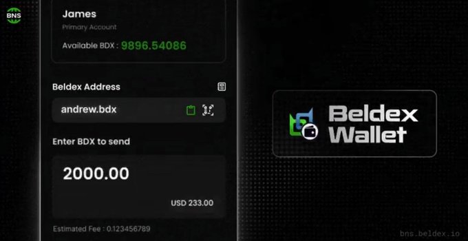 A Beldex Wallet interface showing user 'James' with 9896.54086 BDX available, sending 2000.00 BDX (USD 233.00) to the address 'andrew.bdx'.