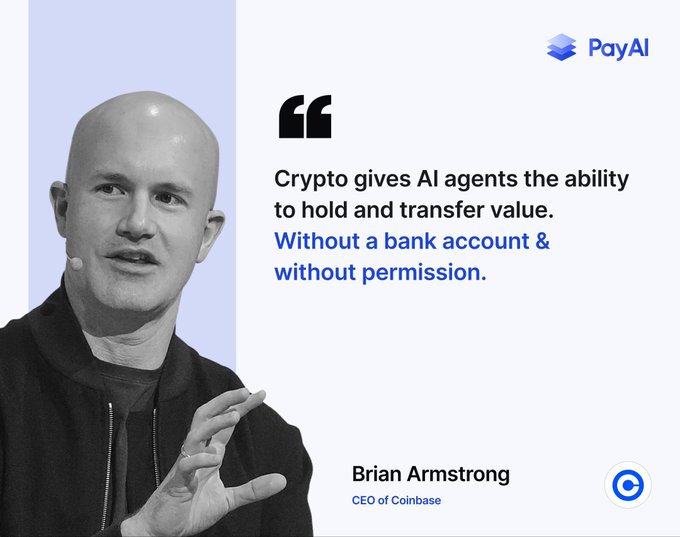 The image features a bald man wearing a black jacket, giving him a serious expression as he speaks into a microphone. He appears to be an AI expert or a tech leader, possibly discussing the benefits of using cryptocurrency for transactions. The background of the image is white with blue lines and text that reads "Bullish on $payai". This suggests that the post might be promoting Bitcoin or another cryptocurrency, highlighting its advantages in terms of security and decentralization.