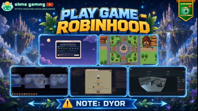 A promotional banner titled "PLAY GAME - ROBINHOOD" from slime gaming (HTTPS://DISCORD.GG/SLIMEGAMING), featuring a Discord link and screenshots of various games, with a warning at the bottom: "⚠️ NOTE: DYOR".