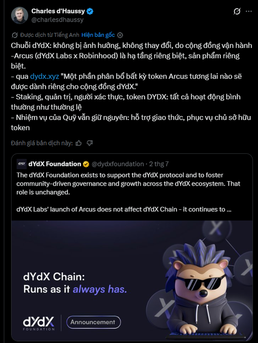 Screenshot of a Vietnamese-language tweet from Charles d'Haussy (@charlesdhaussy) discussing the dYdX Chain following the launch of Arcus, quoting the dYdX Foundation's statement.