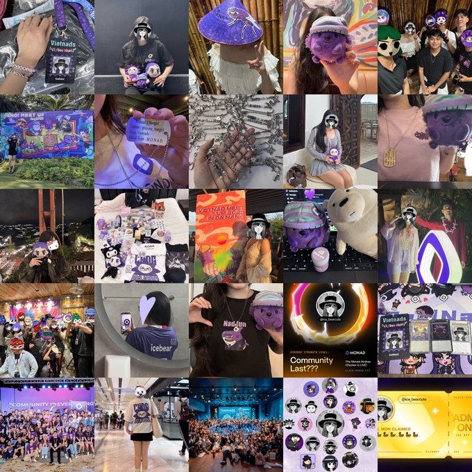Collage of fan community photos featuring people holding purple octopus plushies, branded merchandise, and banners with 'Vietnam', 'Nautilus Expedition', 'Community Last???', 'icebear', and 'HOT HEAT' text.