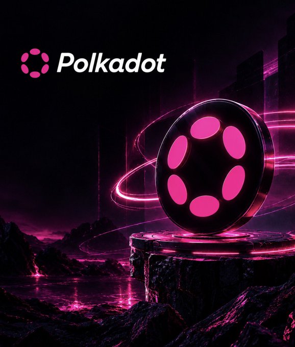 A dark, futuristic digital artwork showcases the **Polkadot** logo and name in the top-left corner, while a large, glowing pink and black 3D emblem of the Polkadot symbol hovers on a stone pedestal amid neon-lit rocky terrain. The image visually reinforces the post's announcement of Polkadot's major technological transformation, including EVM and RISC-V smart contract support and Proof of Personhood development.