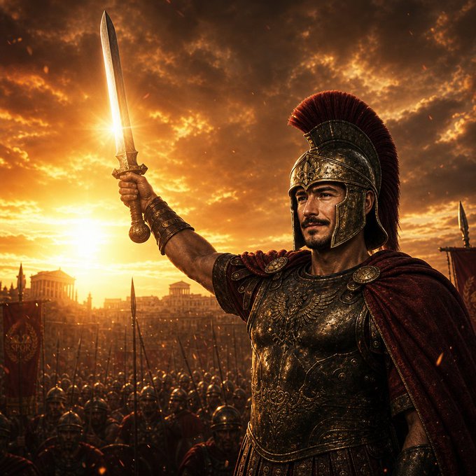A Roman-style general in ornate armor and plumed helmet triumphantly raises a sword against a fiery sunset, with legions gathered below. The image evokes themes of power, conquest, and the rise of a new empire—mirroring the post's declaration that "$VLADIUS is live on Robinhood," positioned as a triumphant market debut with the contract address 0x2e6ab6302e1903af8601fe03b7a7982545883a02.