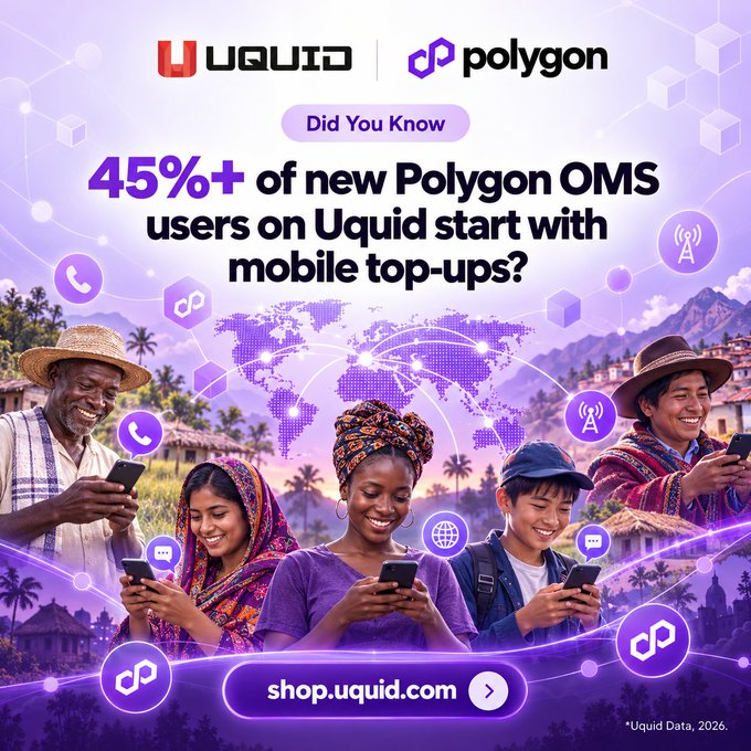 A promotional graphic for UQUID and Polygon featuring the headline '45%+ of new Polygon OMS users on Uquid start with mobile top-ups?', showing diverse people using smartphones with a 'shop.uquid.com' call-to-action.