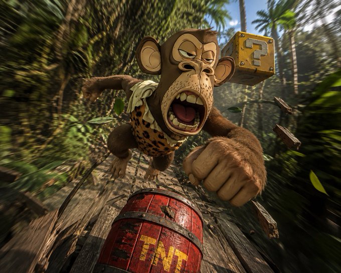 A 3D-rendered monkey character with an angry expression running toward a wooden barrel labeled 'TNT' carrying a question mark block, set against a jungle background.