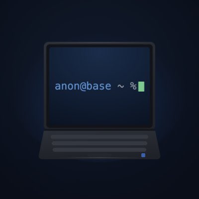An illustration of a dark laptop displaying 'anon@base ~ %' with a green battery icon on its screen against a dark background.
