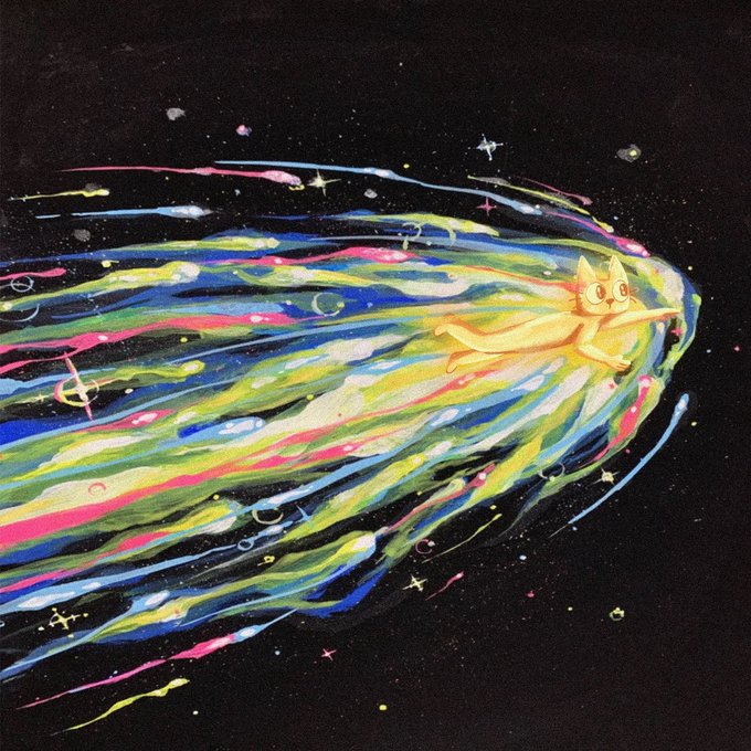 A whimsical painting of an orange cat flying through outer space, leaving a vibrant, multicolored trail of pink, yellow, blue, and green stardust against a black background dotted with stars.