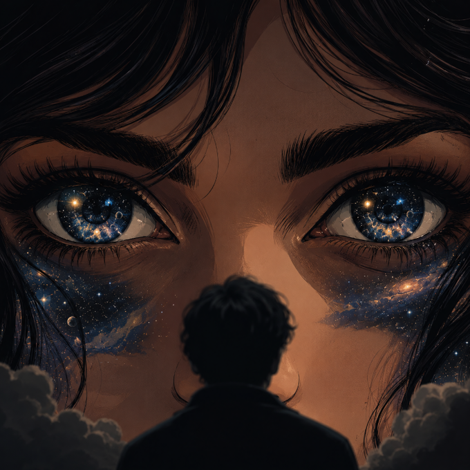 An illustration of a person seen from behind, looking up at a giant face whose eyes and surrounding skin are filled with a starry galaxy and nebula pattern.