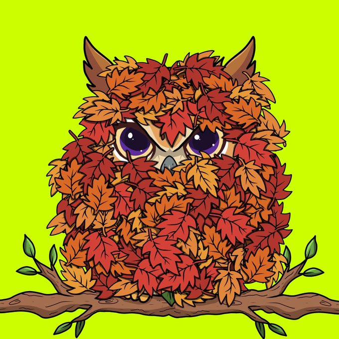An illustration depicts an owl covered entirely in red, orange, and yellow autumn leaves, perched on a branch against a bright green background.