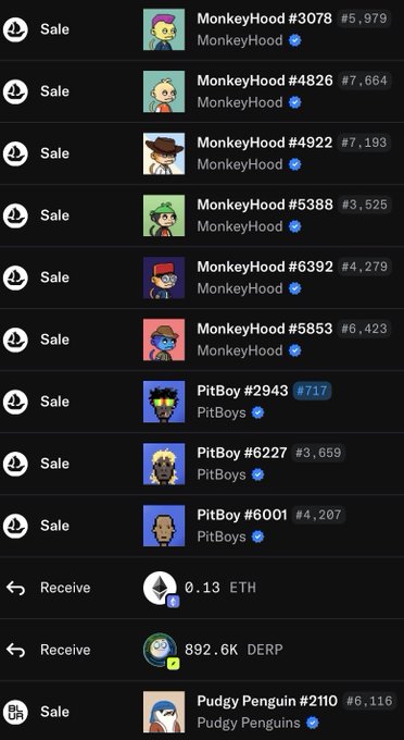 Mobile app screenshot showing an NFT marketplace with listings for MonkeyHood, PitBoy, and Pudgy Penguin collections with various prices in ETH and DERP.