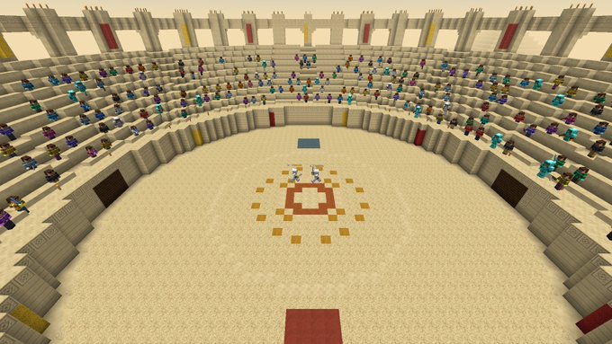 The image shows a Minecraft-style PvP arena called "$BLOCKCHAIN" with players gathered in tiered seating around a central sand arena, directly promoting the browser-based game at blockchainpvp.com. The scene reflects the social, competitive aspect of the game where top-ranked players earn weekly SOL rewards.