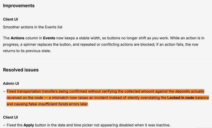 The image displays a software changelog titled "Improvements" and "Resolved issues," highlighting UI updates like smoother actions in the Events list and fixes for transportation transfer confirmation and a date/time picker "Apply" button. This appears unrelated to the accompanying post about Coinsbuy's wallets being drained for ~$7.9M, though a "FixedFloat" CEX name does appear in the image (bolded as an action button) coincidentally matching the laundering exchange mentioned in the alert.