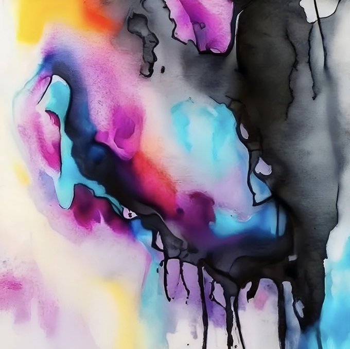 Abstract artwork featuring vibrant, flowing colors including pink, purple, blue, yellow, and black, with dripping paint effects creating an ethereal, fluid composition.