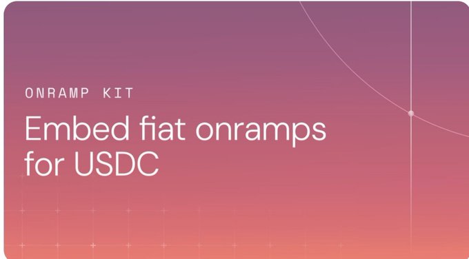 A gradient pink and purple graphic titled 'ONRAMP KIT' displays the text 'Embed fiat onramps for USDC' over a subtle grid and curve pattern.