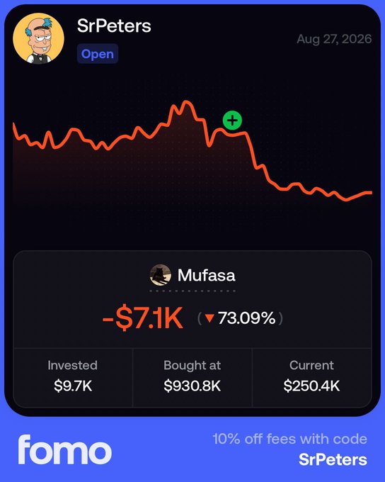 A screenshot of a 'fomo' app shows a portfolio for 'Mufasa' with a chart indicating a loss of -$7.1K (73.09%) between August and 2026, along with a 'SrPeters' promo code.