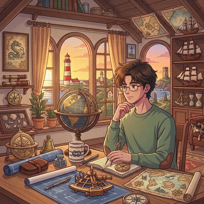 A young man with glasses sits thoughtfully at a wooden desk filled with nautical maps, a globe, drafting tools, and model ships, gazing out arched windows at a coastal lighthouse scene—perfectly capturing the exploratory spirit of "gm, have a good day."