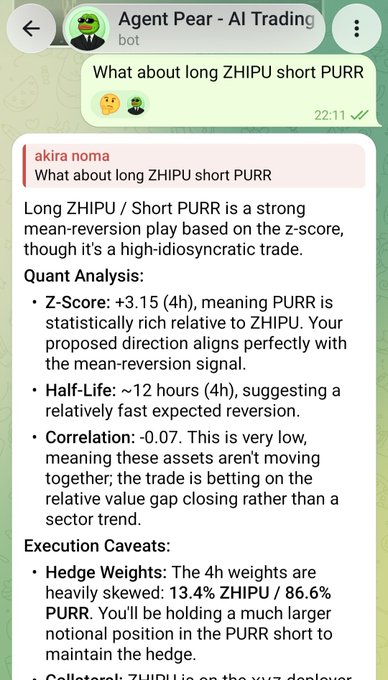 A chat with an "Agent Pear - AI Trading" bot analyzing a "Long ZHIPU / Short PURR" trade with details on Z-Score, Half-Life, and hedge weights.