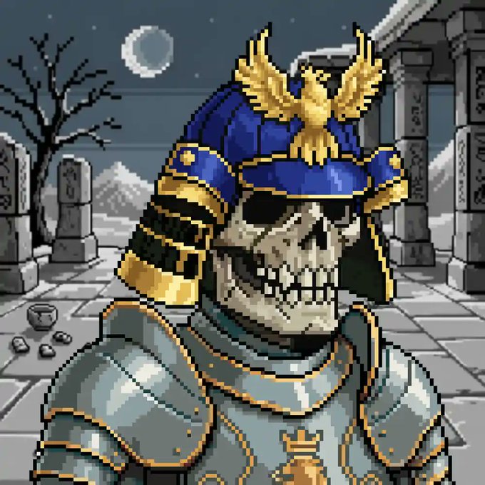 A pixel art illustration depicts a skeletal figure wearing ornate blue and gold samurai-style armor with a phoenix crest, set against a moonlit graveyard background.