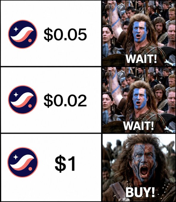 A three-panel meme using Braveheart imagery where William Wallace says 'WAIT!' for prices of $0.05 and $0.02, but 'BUY!' when the price reaches $1, all featuring the Stellar (XLM) logo.