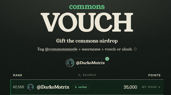 A promotional graphic for 'commons VOUCH' offering a gift of the commons airdrop, showing instructions to tag @commonsmade with a username, and displaying user @DarkoMatrix ranked #2,568 with 35,000 points and verified status.