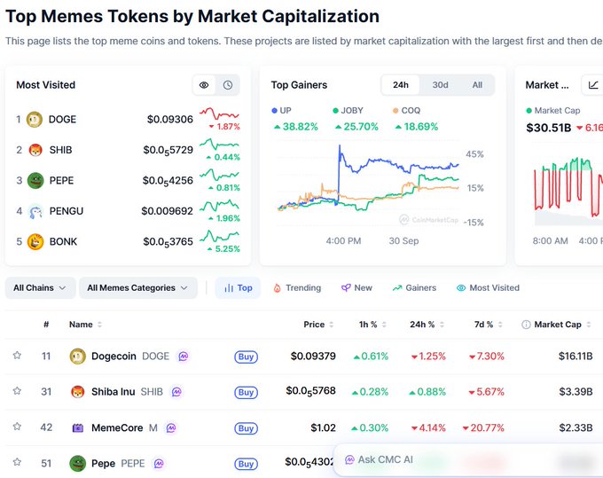 A screenshot of a cryptocurrency website titled 'Top Memes Tokens by Market Capitalization' showing meme coins including DOGE, SHIB, PEPE, PENGU, and BONK with their prices and market caps.