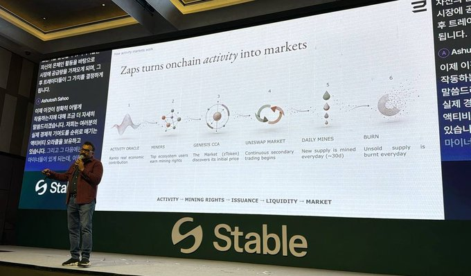 A man presenting on stage in front of a large screen explaining how 'Zaps turns onchain activity into markets' for the 'Stable' platform, with Korean text on the left.