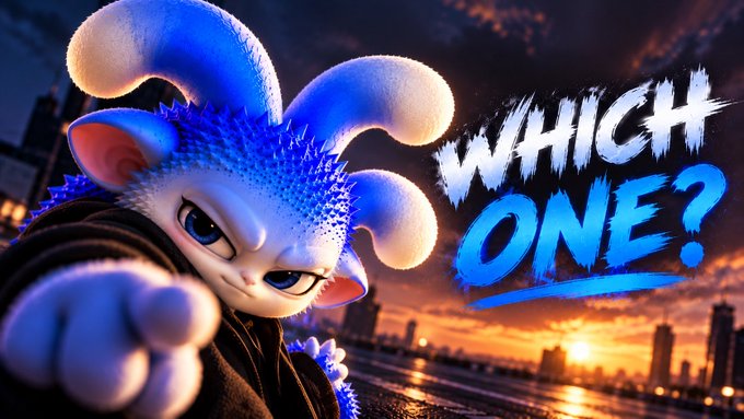 A 3D-rendered character with blue fuzzy fur and tentacle-like appendages points at the viewer, with the text 'WHICH ONE?' in bold blue and white letters set against a city skyline at sunset.