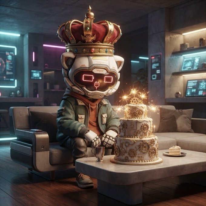 An AI-generated image of a white robotic figure wearing a large golden crown with red glowing eyes, sitting on a couch with a sparkler-lit tiered cake and a slice of pie on the table.