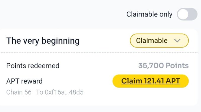 A user interface showing a claimable reward of 121.41 APT from redeeming 35,700 Points labeled "The very beginning," with a claim button and wallet address 0xf16a...48d5 on Chain 56, corresponding to the Alphea Network's points-to-APT conversion claim process mentioned in the post.