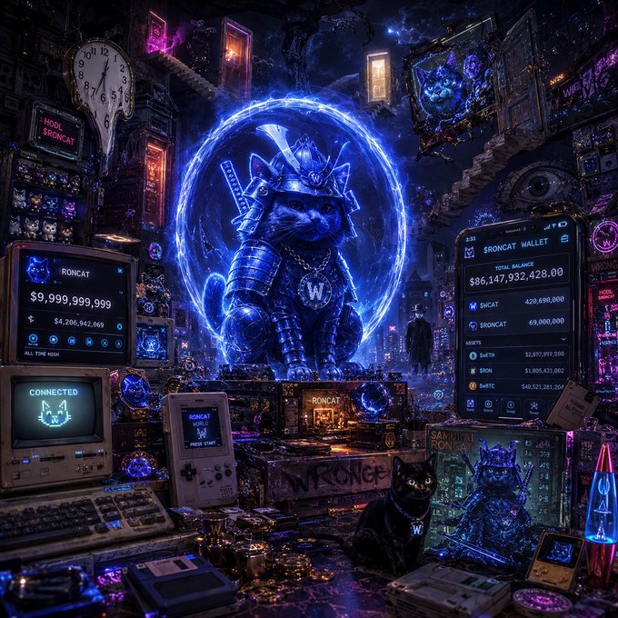 A highly detailed, neon-lit cyberpunk-style digital artwork featuring a cat wearing samurai armor in a blue glowing portal. The scene includes multiple screens displaying 'RONCAT WALLET' with absurd balances like '$86,147,932,428.00' and '$9,999,999,999'.
