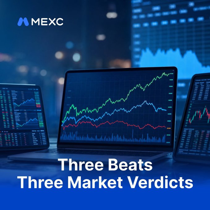 The image features the MEXC logo alongside three laptop screens displaying colorful trading charts in blue, green, and red, with the caption "Three Beats, Three Market Verdicts."

This visual illustrates the post's message about how trading pairs on MEXC bearing familiar ticker codes can represent entirely different assets than the well-known stocks they resemble—highlighting how the multiple charts (or "beats") shown can lead to different market outcomes depending on which exchange you're viewing.