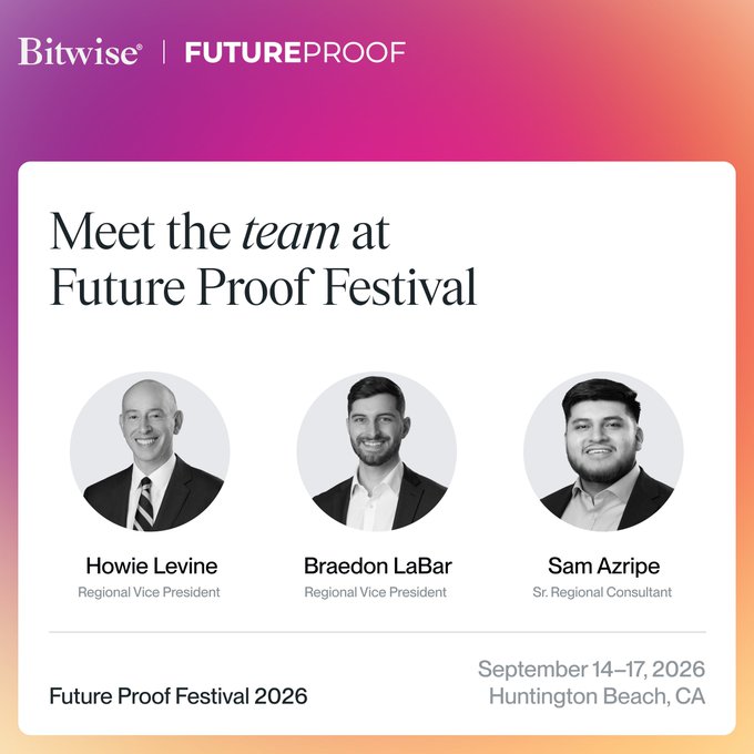 A promotional graphic for 'Bitwise | FUTUREPROOF' featuring photos of Howie Levine, Braedon LaBar, and Sam Azripe, advertising their attendance at the Future Proof Festival 2026 from September 14-17, 2026, in Huntington Beach, CA.