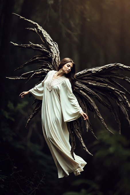 Fantasy digital artwork depicting a woman in a flowing white dress with large, dark, gnarled branch-like wings, standing in a moody forest setting.