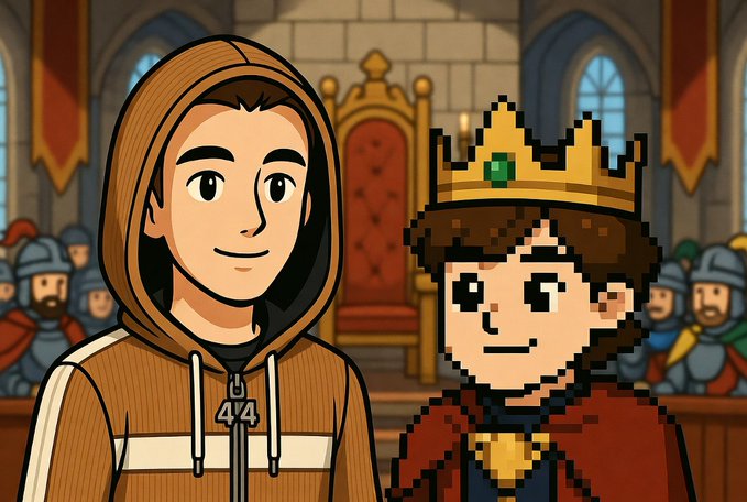 A cartoon illustration showing two figures in a medieval castle setting - a young man in a brown hoodie with the number '444' on his sweatshirt, and a pixel-art style king with a golden crown featuring a green gem.
