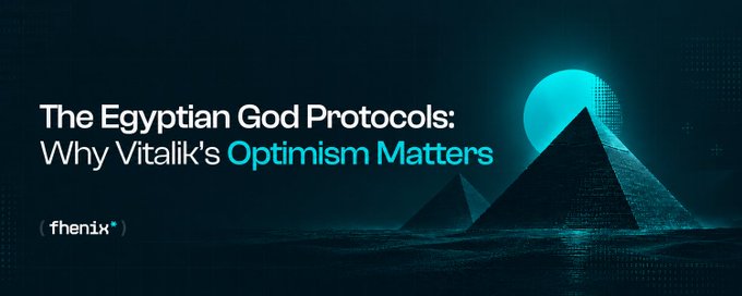 A dark banner with teal lighting features a pyramid and moon, accompanied by the text 'The Egyptian God Protocols: Why Vitalik's Optimism Matters' and the Fhenix logo.