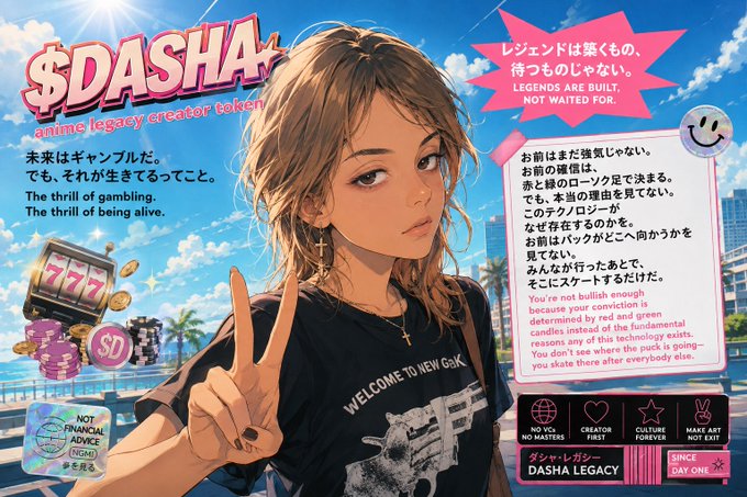 Anime-style poster featuring a woman pointing upward with text "$DASHA - anime legacy creator token," "The thrill of gambling. The thrill of being alive," and a slot machine displaying "777," with Japanese text reading "レジェンドは築くもの、待つものじゃない" (Legends are built, not waited for), tying the gambling metaphor to the $DASHA token theme.
