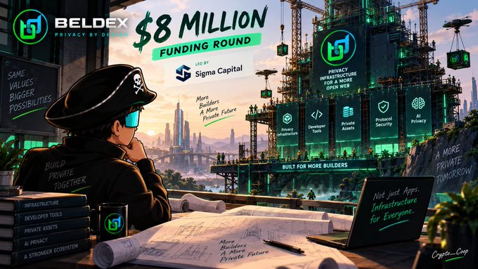 A promotional graphic for BELDEX announces an '$8 MILLION FUNDING ROUND' led by Sigma Capital, featuring crypto-themed imagery and tags like 'Private Infrastructure for a More Open Web' and 'Build for More Builders'.