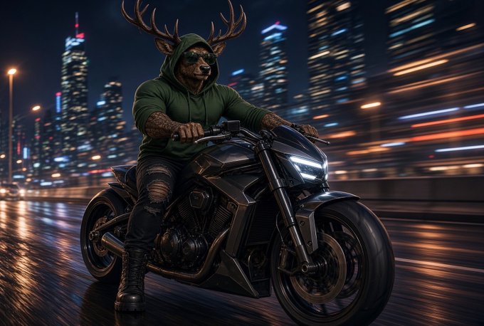 An anthropomorphic deer wearing a green hoodie and sunglasses rides a black motorcycle through a city at night, with illuminated skyscrapers in the background.