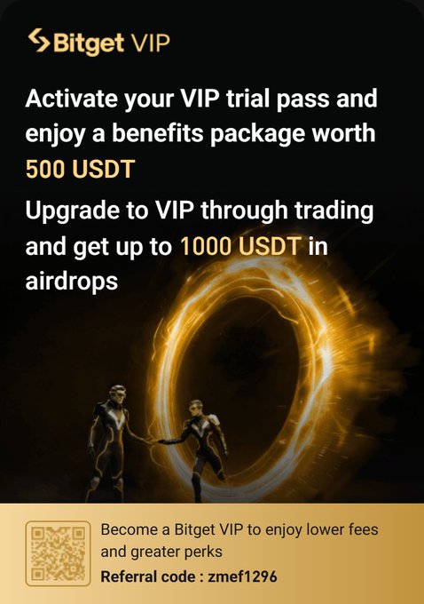 The image displays a banner advertisement promoting an account for Bitget with a Vip status. The main focus of the advertisement is about joining the site's VIP program, which offers various benefits such as free trade positions and a 500-USDT rewards package worth USDT. Furthermore, users can enjoy lower fees or receive a $200 spot grid position boost. The post mentions that users can become a Bitget VIP by referencing "zmef1296" to get access to this special offer.