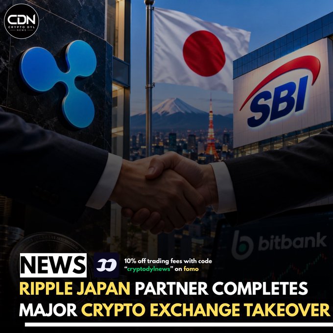 A crypto news graphic announces 'RIPPLE JAPAN PARTNER COMPLETES MAJOR CRYPTO EXCHANGE TAKEOVER', showing a handshake in front of a Japanese flag, Mt. Fuji, and logos for Ripple, SBI, and bitbank.