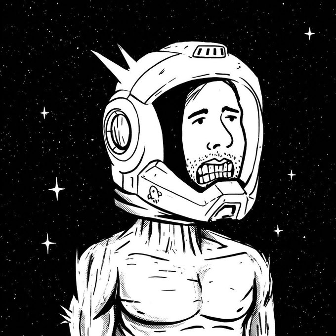 A black and white illustration depicts a worried man with stubble wearing a futuristic spiked space helmet, set against a starry cosmic background.