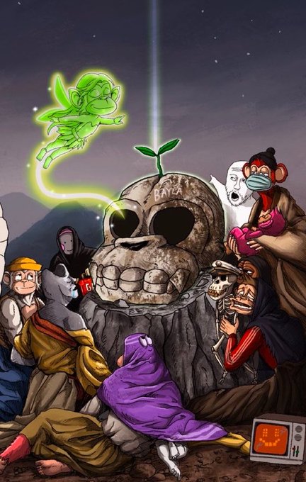 An artistic image features a large skull surrounded by various monkey figures and a green flying character, with a small television in the corner.