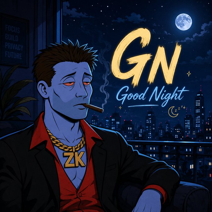 An animated illustration of a blue-skinned man smoking a cigar, wearing a red shirt, black jacket, and gold 'ZK' chain, with 'GN Good Night' text and a city skyline at night.