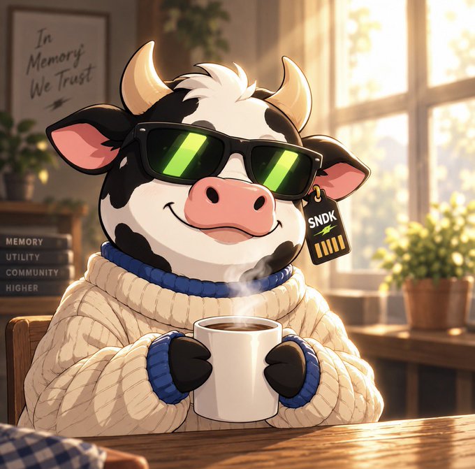 An illustration of a cheerful anthropomorphic cow with sunglasses, wearing a cream sweater, and holding a mug of coffee. The cow has a tag reading 'SNDK' and sits in a cozy room with a poster reading 'In Memory We Trust'.