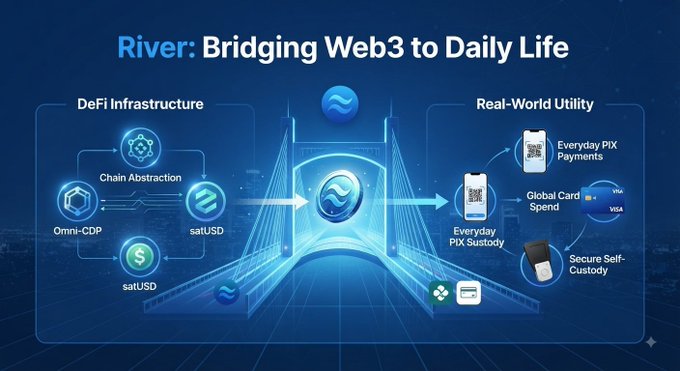 A promotional graphic for 'River: Bridging Web3 to Daily Life,' showing DeFi infrastructure (Omni-CDP, satUSD, Chain Abstraction) flowing into real-world utility like PIX payments and self-custody.